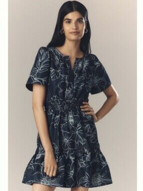 Anthropologie The Somerset Denim Floral Mini Dress W Pockets Size XL, New W Tags